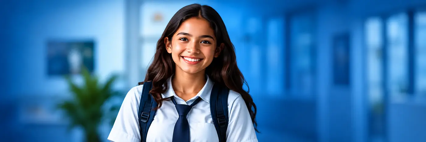 Estudante sorridente com uniforme escolar
